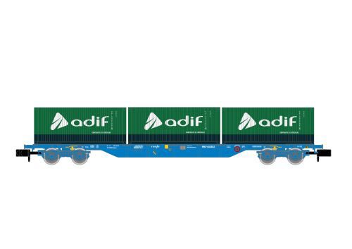 Arnold HN6651 RENFE 4-achsiger Containertragwagen mit 3 x 20 ADIF container blau Ep.VI